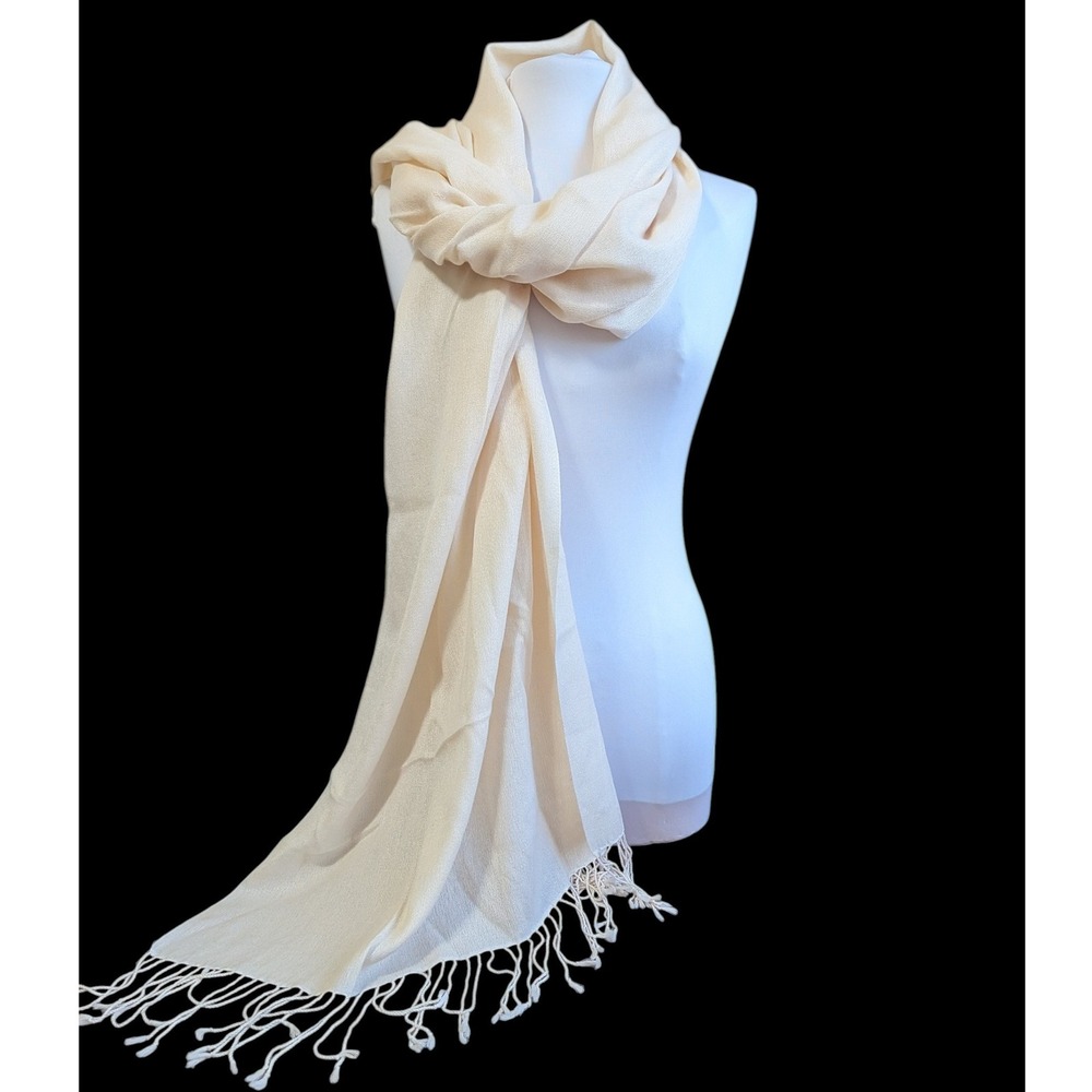 Bloomingdale's Silk & Cashmere Solid Tassled Scarf Wrap Shawl Cream